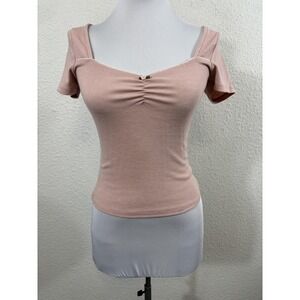 Mixed Thread Shirt Womens‎ XS Pink Ribbed Square Neck Ruched Y2K